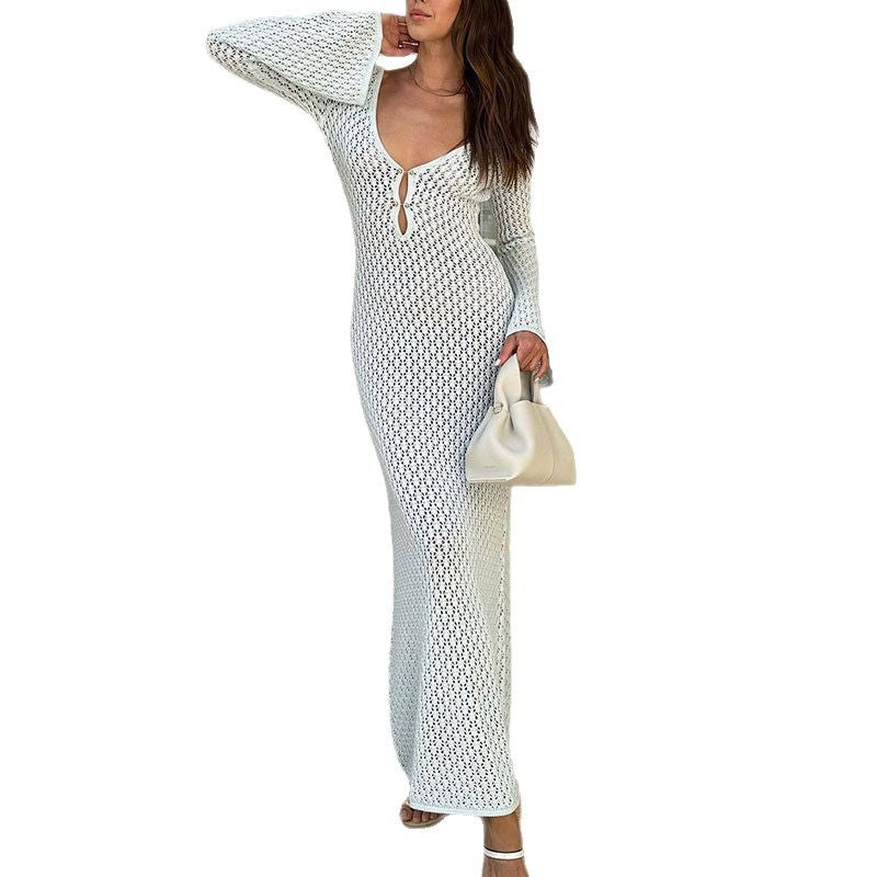Damen Strickkleid V-Ausschnitt Großärmel Eveloria