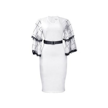 Damen Etuikleid Spitzenärmel Gürtel Elegant Eveloria