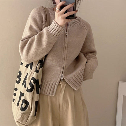 Damen Cardigan Reißverschluss Rippbündchen Weich Grau Eveloria
