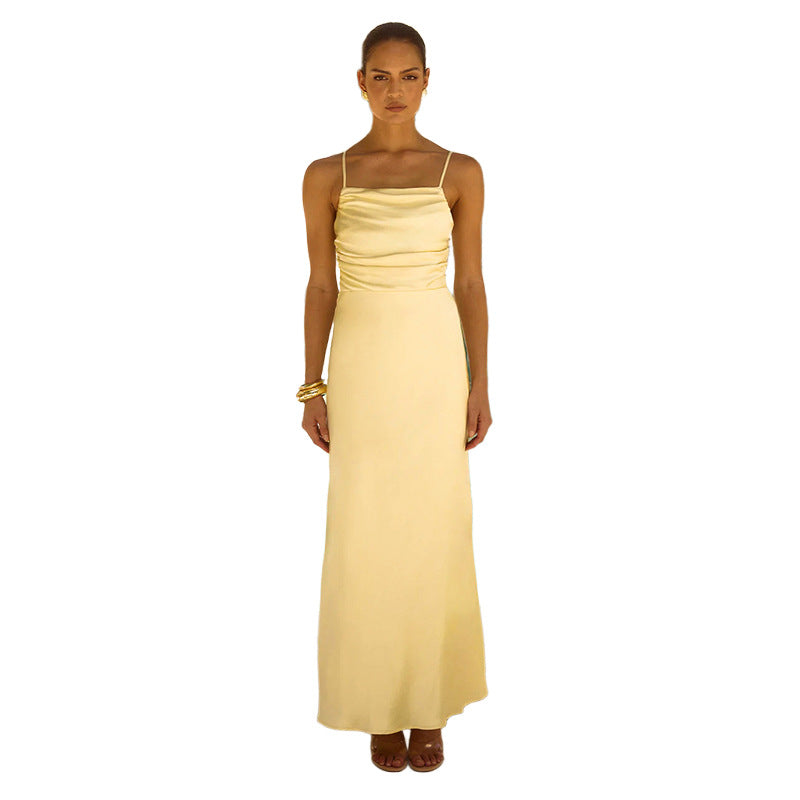 Damen Maxikleid Raffungseffekt Spaghettiträger Eveloria