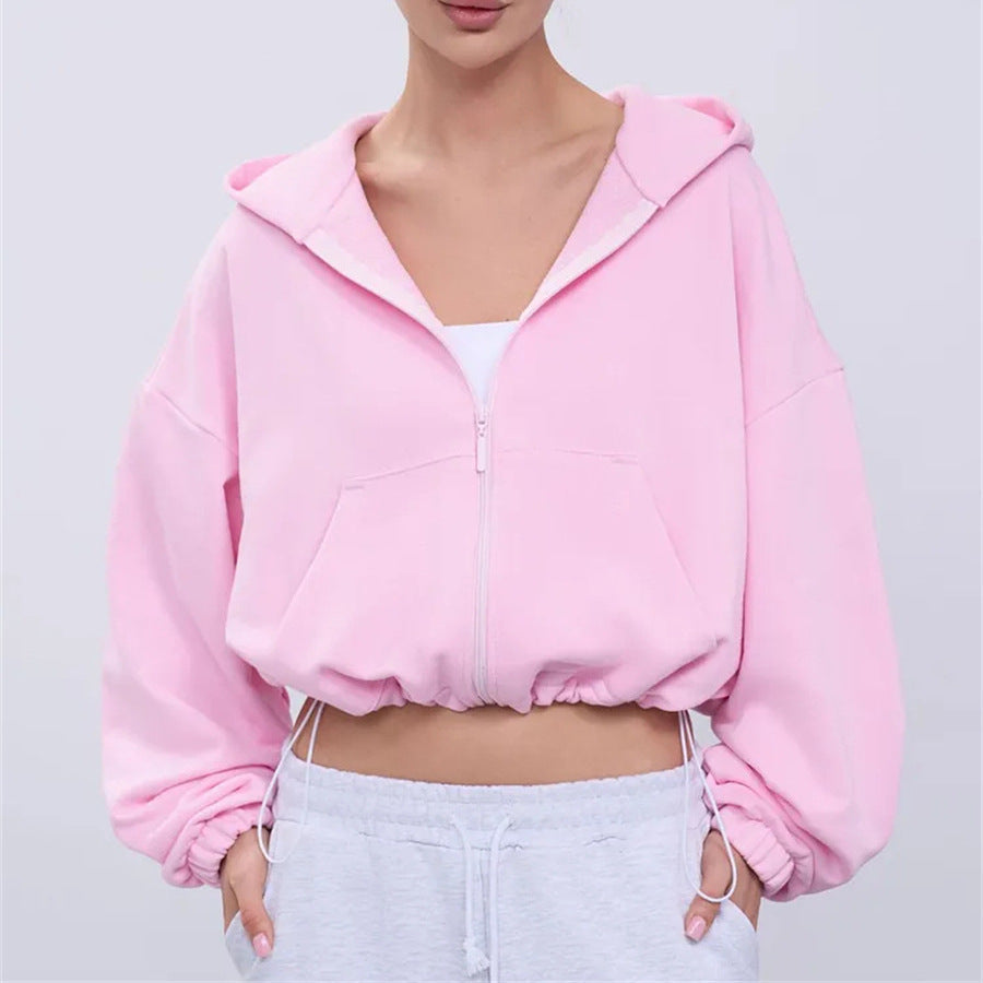 Damen Cropped Kapuzenjacke Reißverschluss Übergroße Ärmel Eveloria