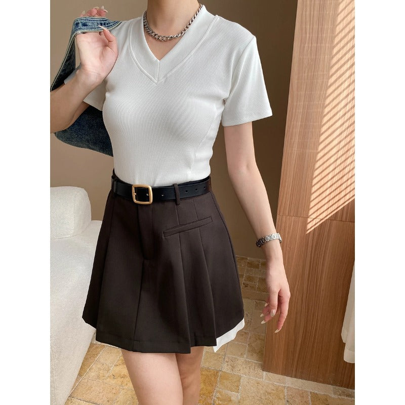 Damen V-Ausschnitt T-Shirt Rippstrick Figurbetont Eveloria