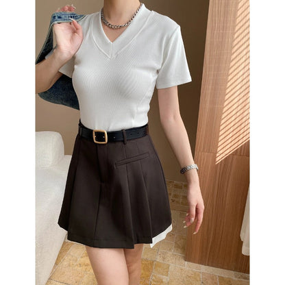 Damen V-Ausschnitt T-Shirt Rippstrick Figurbetont Eveloria