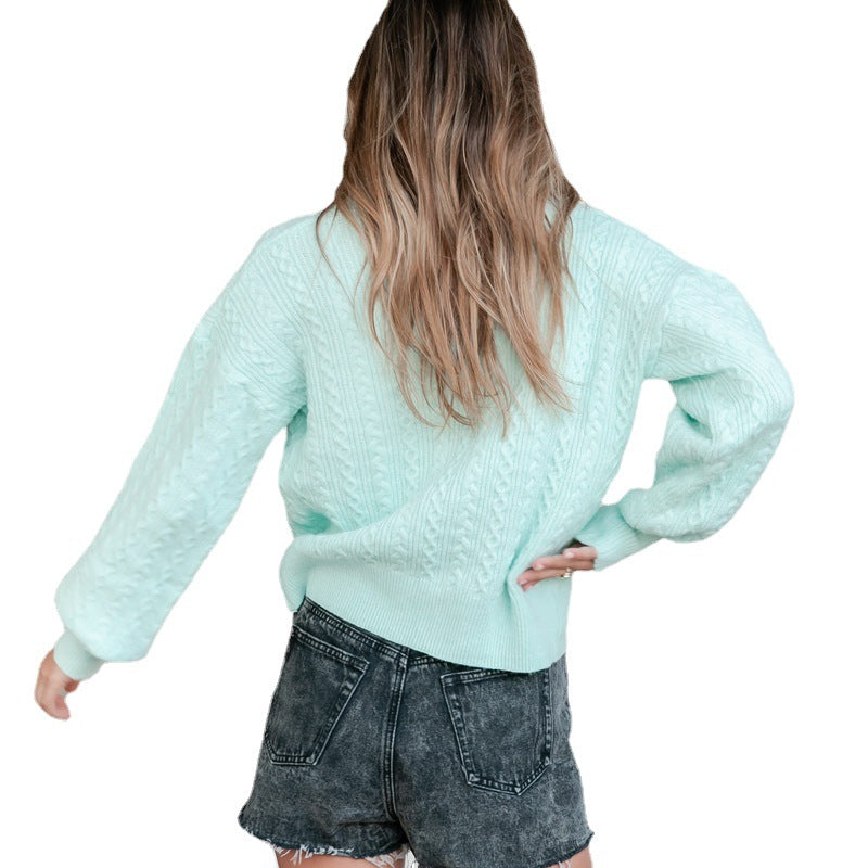 Damen Strickjacke Strukturiertes Zopfmuster Voluminöse Ärmel