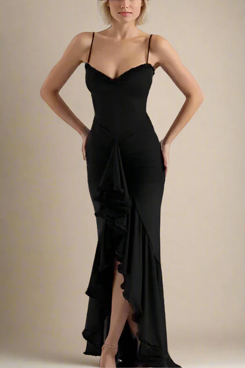 Damen Wickelkleid Rüschendetails Hochschlitz Eleganz