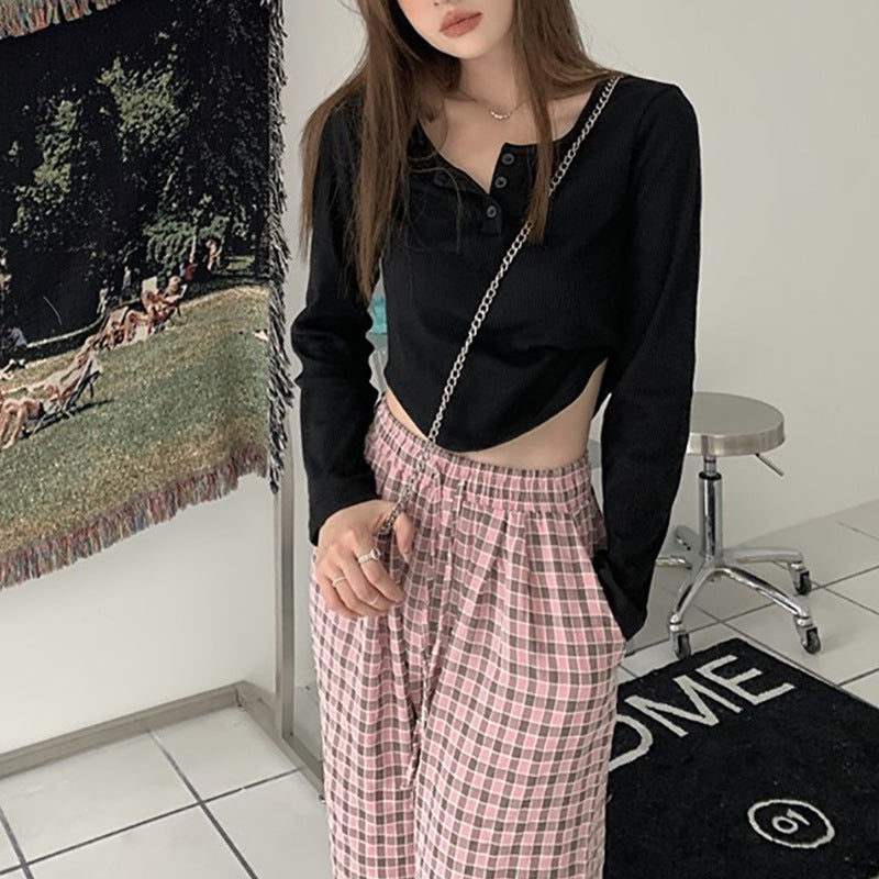 Damen Langarmshirt Knopfleiste Rippdesign Weiß