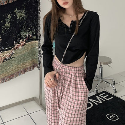 Damen Langarmshirt Knopfleiste Rippdesign Weiß