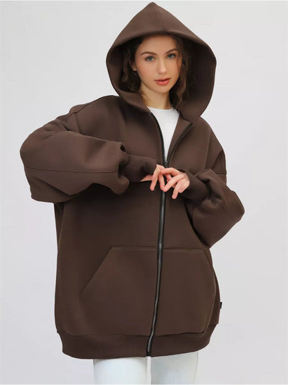 Damen Oversized Kapuzenjacke Hoch Bündchen Reißverschluss Eveloria