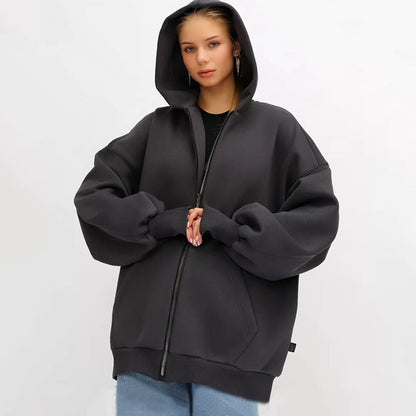 Damen Oversized Kapuzenjacke Hoch Bündchen Reißverschluss Eveloria