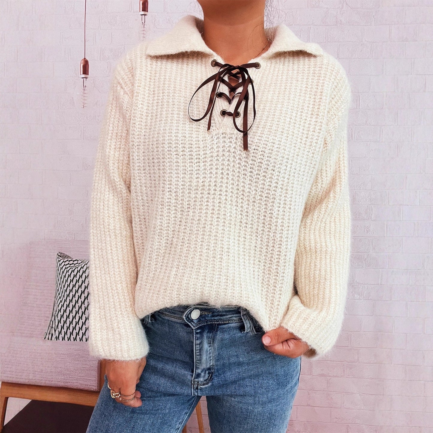 Damen Pullover Weiches Strickmaterial Mit Schnürung Beige