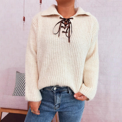 Damen Pullover Weiches Strickmaterial Mit Schnürung Beige