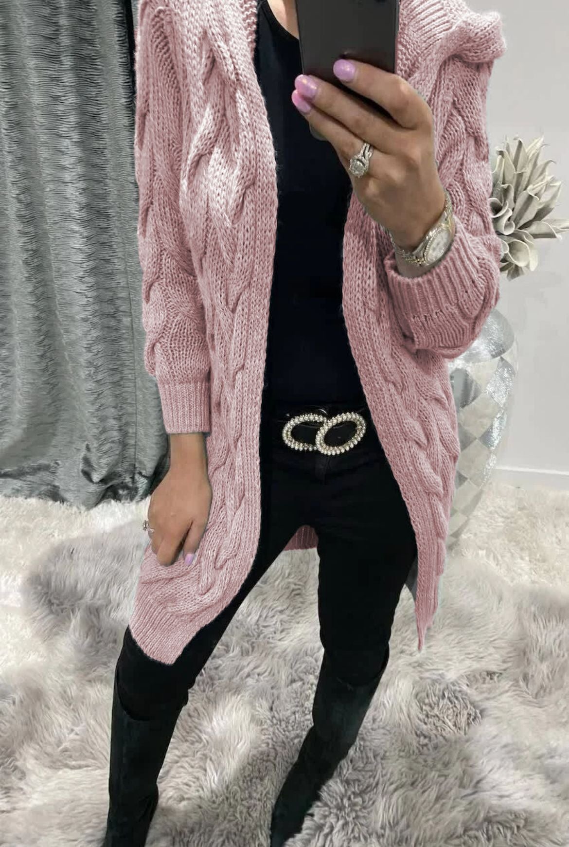 Damen Cardigan Grobstrick Zopfdesign Beige mit Taschen