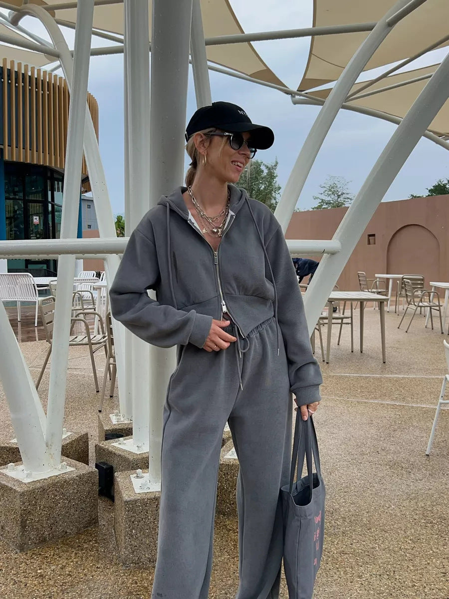 Damen Fleece-Loungewear-Set mit Kapuze und verstellbarem Bund
