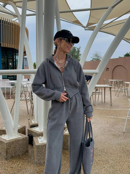 Damen Fleece-Loungewear-Set mit Kapuze und verstellbarem Bund