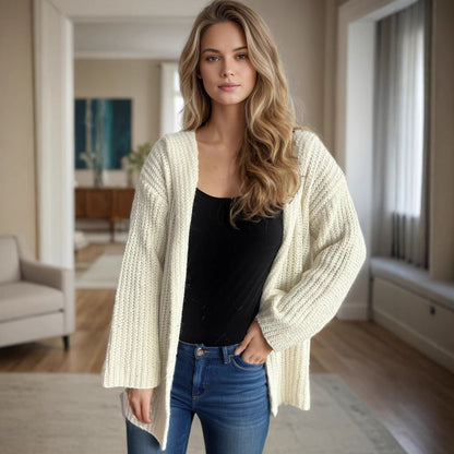 Damen Strickjacke Offen Vorne Lockere Ärmel Beige