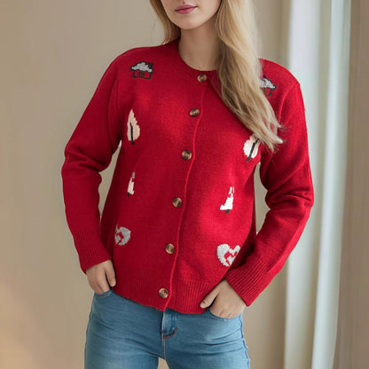 Damen Strickjacke Bunt Applikationen Knopfverschluss
