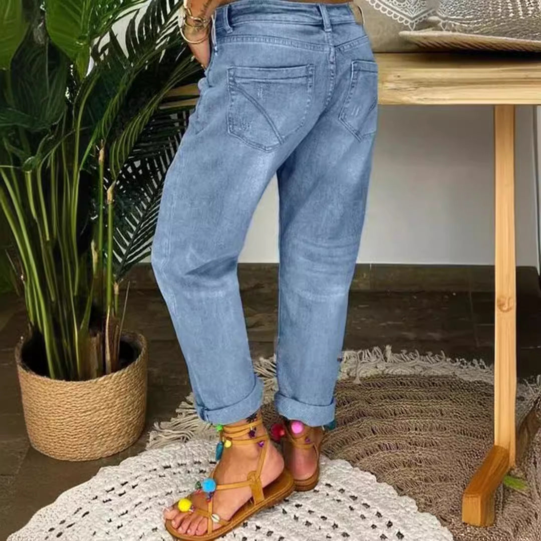 Damen Relaxed Fit Jeans Hochknöpfe Distressed Denim Blau Eveloria