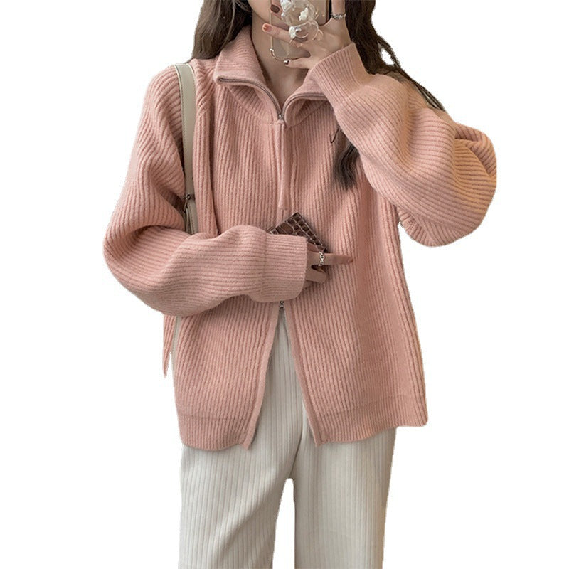 Damen Strickpullover Halbhohes Modell Mit Reißverschluss Beige