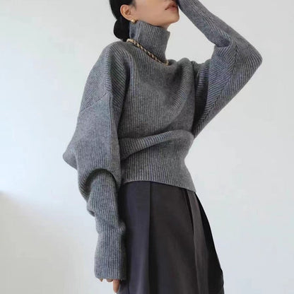 Damen Rollkragenpullover Strukturiertes Muster Weite Ärmel Schwarz - Eveloria