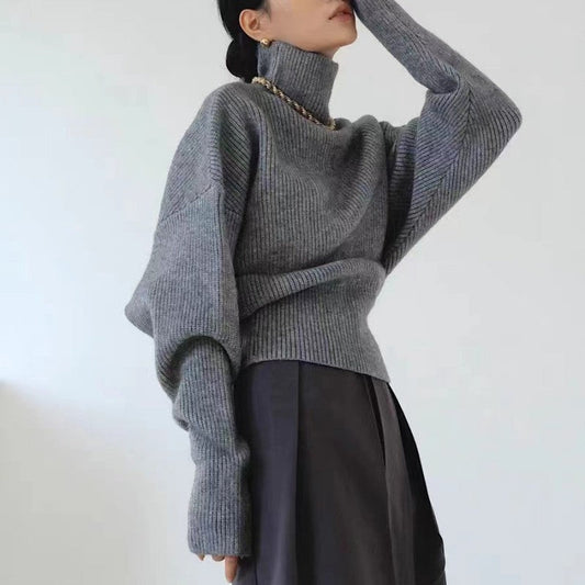 Damen Rollkragenpullover Strukturiertes Muster Weite Ärmel Schwarz - Eveloria