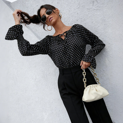 Damen Bluse Punktedesign Schnürung Eleganz