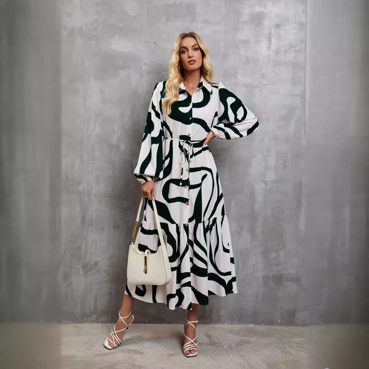 Damen Langarmkleid Musterdruck mit Bindegürtel