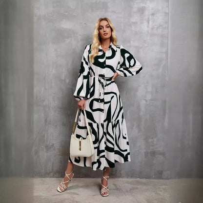 Damen Langarmkleid Musterdruck mit Bindegürtel