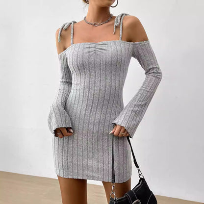 Damen Minikleid Schulterfrei Rippstrick Eveloria