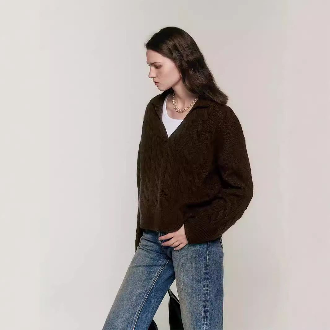 Damen Strickpullover V-Ausschnitt Kabelmuster