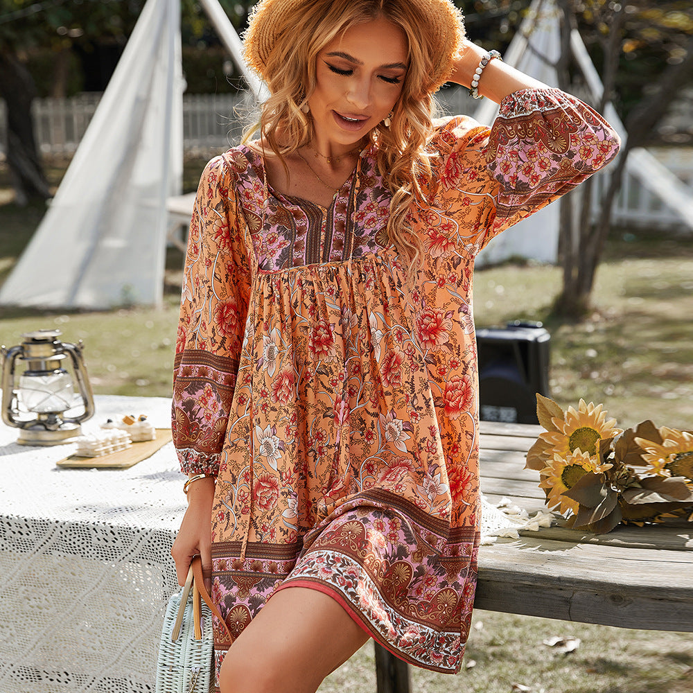 Damen Boho Sommerkleid V-Ausschnitt Blumendruck Bischofsärmel - Eveloria