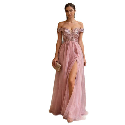 Damen Abendkleid Schulterfrei Glitzerapplikationen Eveloria