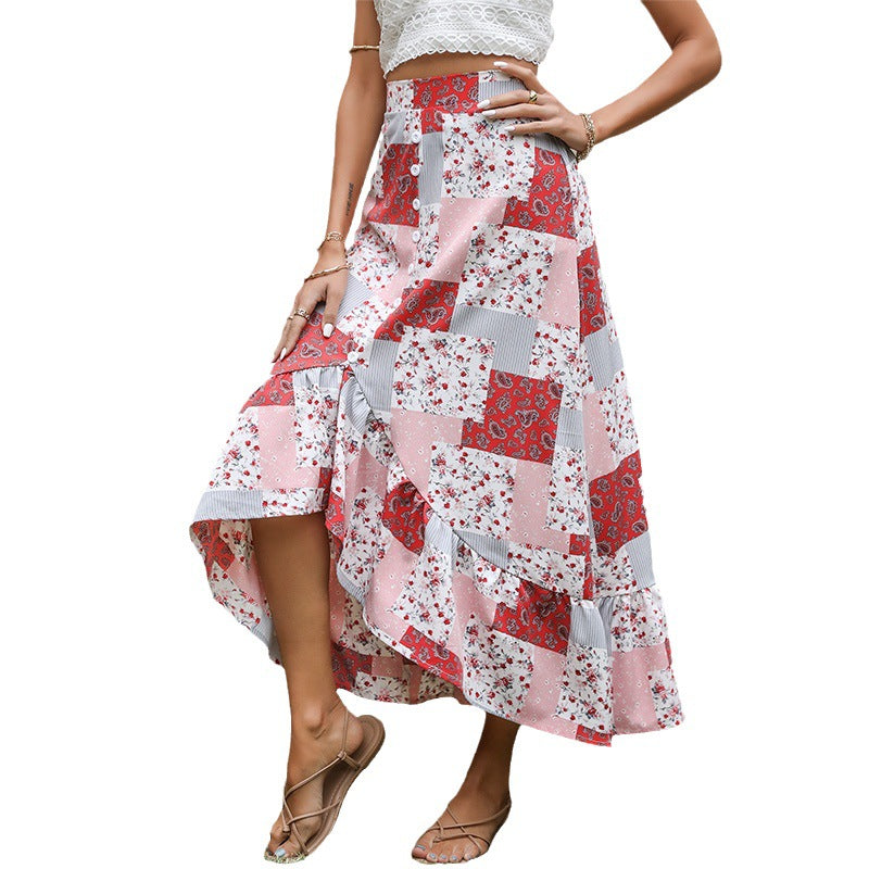 Damen Maxi-Rock Patchwork-Design Knopfdetails Dunkelblau