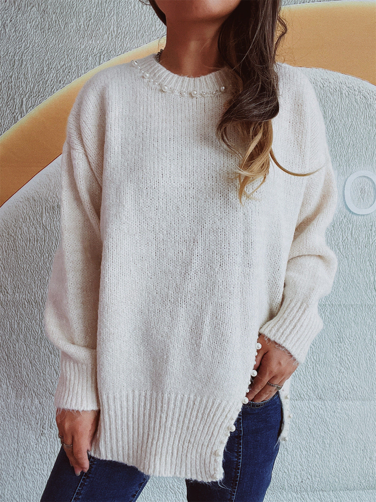 Damen Pullover Kuschelfaser Filigrane Perlenverzierung Anthrazit