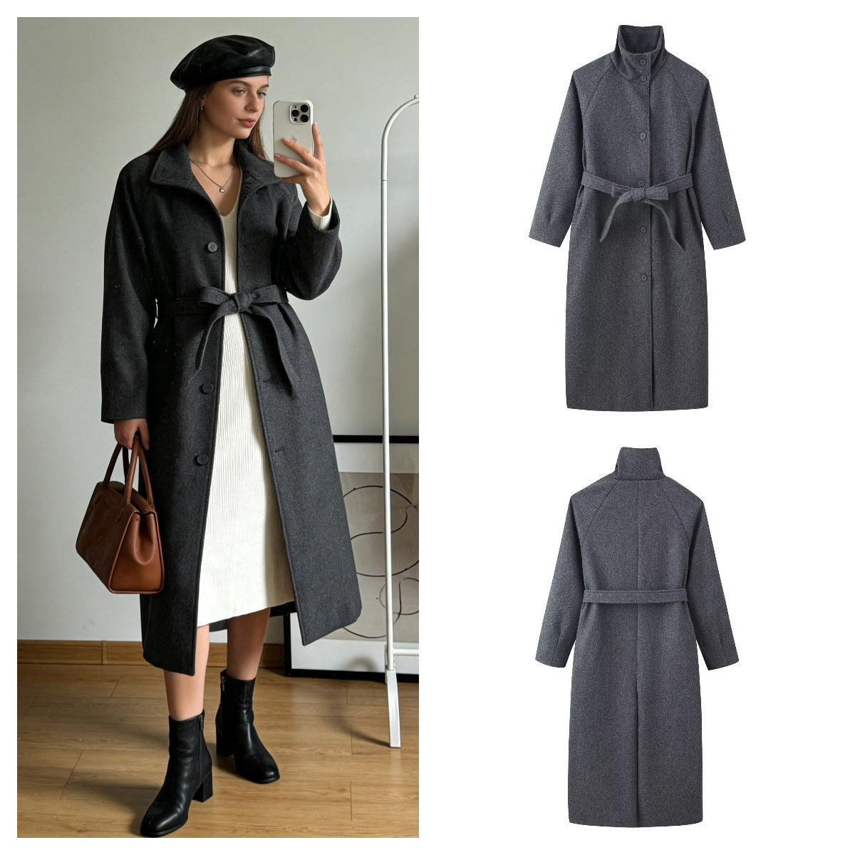 Damen Übergangsjacke Hochgeschlossener Kragen Taillengürtel Eveloria - Eveloria