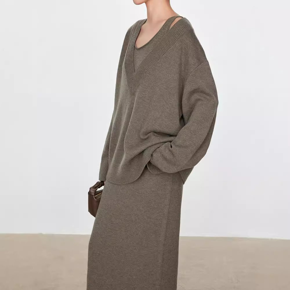 Damen Grobstrickpullover V-Ausschnitt Übergroß Eveloria