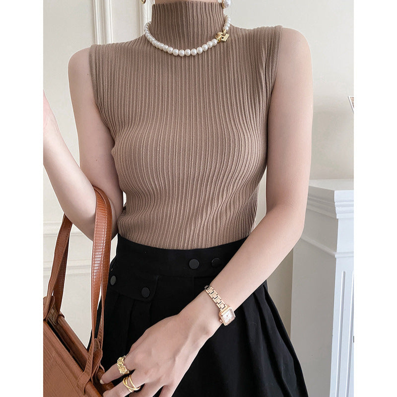 Damen Rippstrick Oberteil mit Stehkragen Hellbeige Eveloria - Eveloria