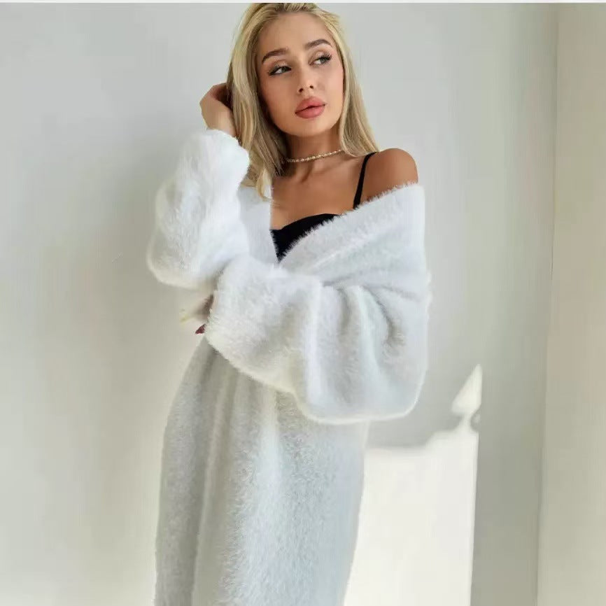 Damen Strickcardigan Lang Kuschelig Eleganter Schnitt Beige - Eveloria