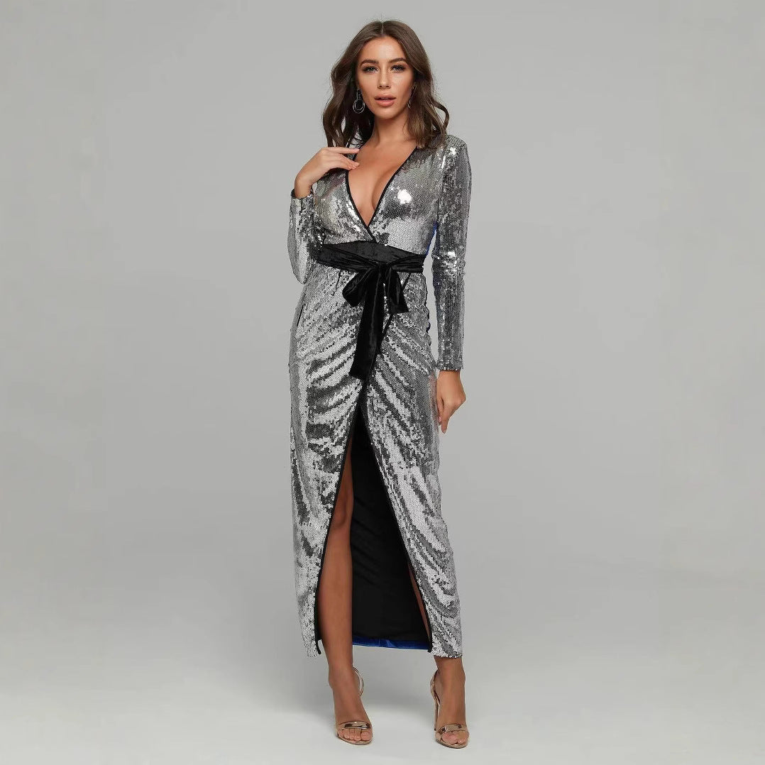 Damen Abendkleid Glitzernd V-Ausschnitt Elegante Schärpe Eveloria