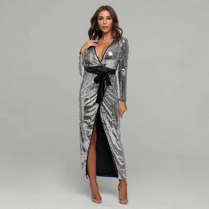 Damen Abendkleid Glitzernd V-Ausschnitt Elegante Schärpe Eveloria