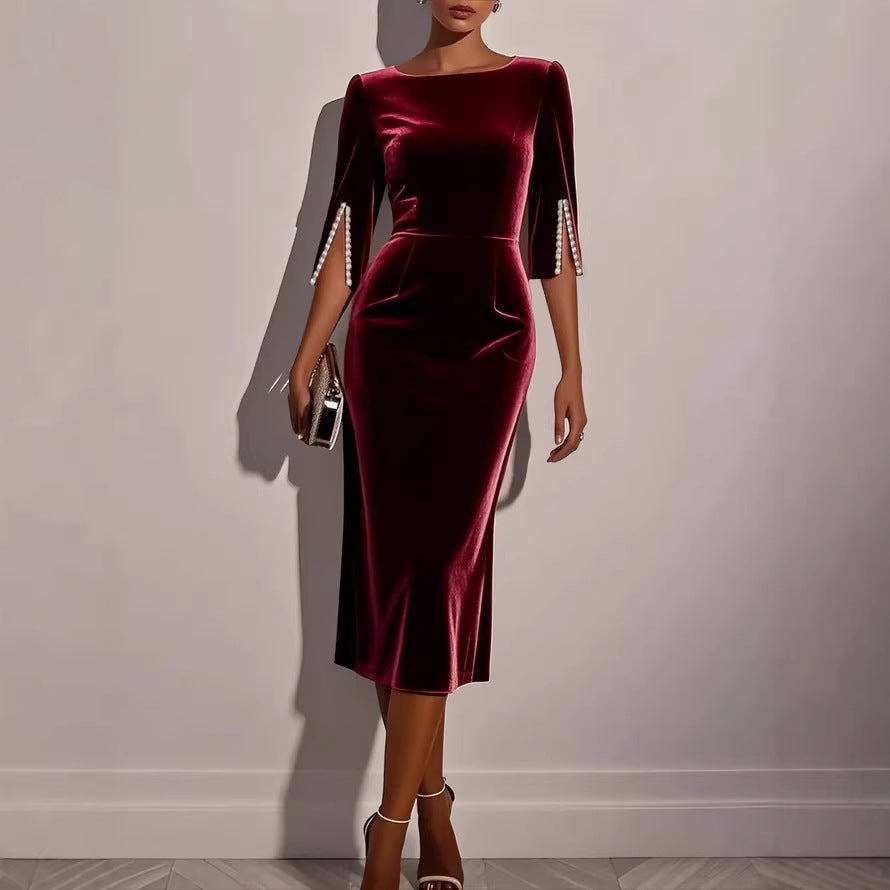 Damen Samtkleid Figurbetont Perlendetails Schwarz Eveloria - Eveloria