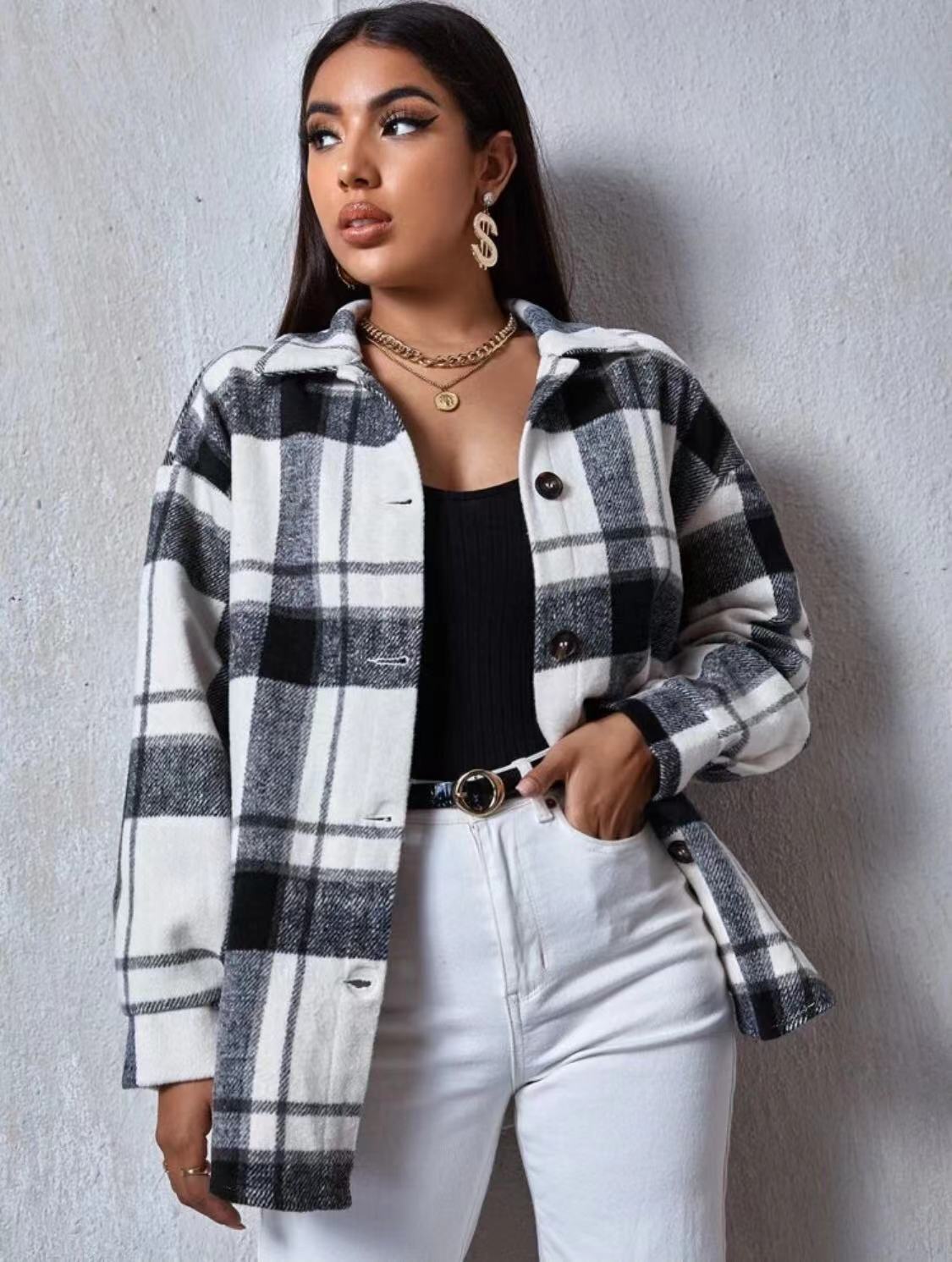 Damen Hemdjacke Karo Weiches Fleece Lässiger Schnitt