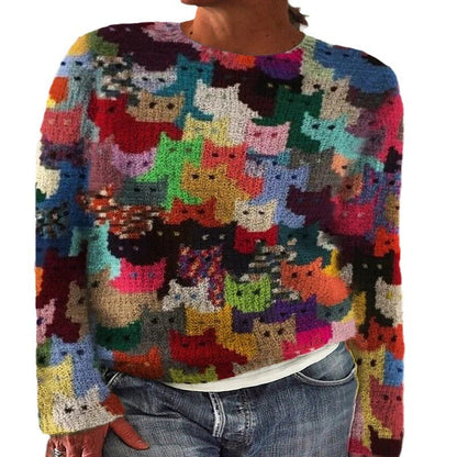 Damen Strickpullover Katzenmuster Eveloria