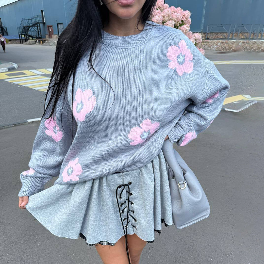 Damen Pullover Grobgestrickt Blumenmuster Eveloria