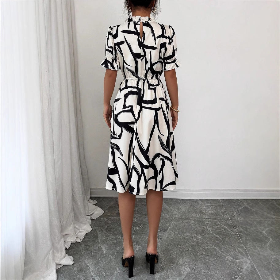 Damen Midi-Kleid Pflanzenmuster Gummizug Eveloria