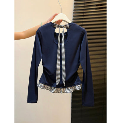Damen Langarmshirt Asymmetrischer Rüschenrand Dekoratives Rückenteil
