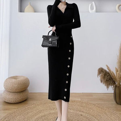 Damen Strickkleid Wickeloptik Knöpfe Eveloria