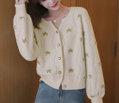 Damen Strickjacke Floralmuster Knopfdetails