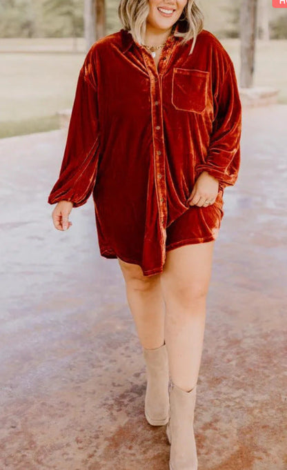 Damen Strandhemdkleid Weiches Samtstoff Kleid mit Knöpfen