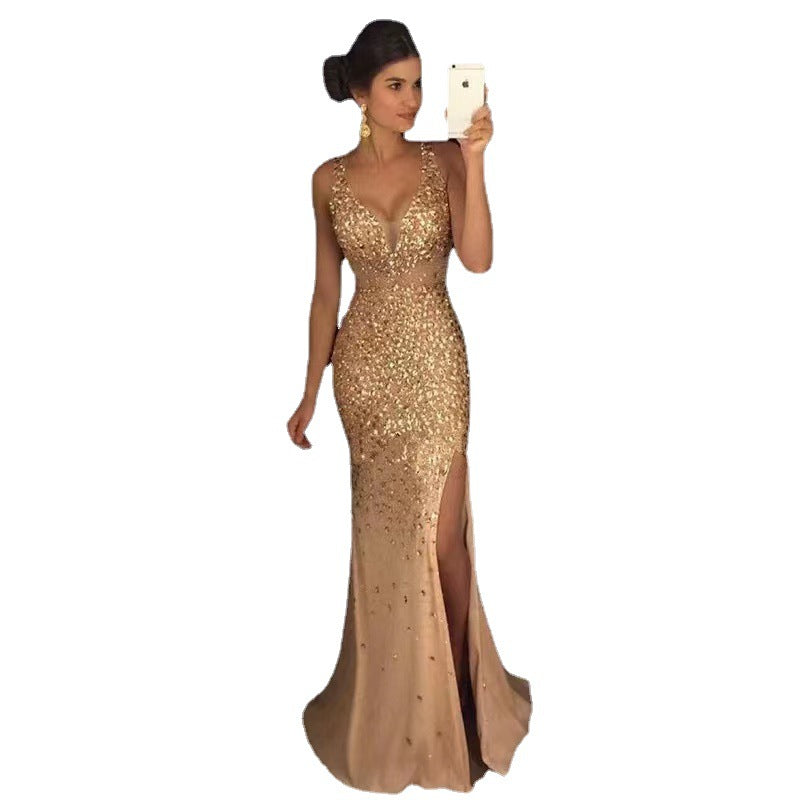 Damen Abendkleid Glitzer Pailletten Tiefes Eveloria