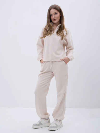 Damen Fleece-Jogginganzug Elastisch Halbzipp Reißverschluss Grau